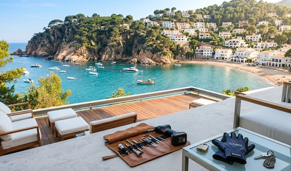 Vistas de la pintoresca cala de Tamariu, sus casas blancas, pinos y el mar en la Costa Brava